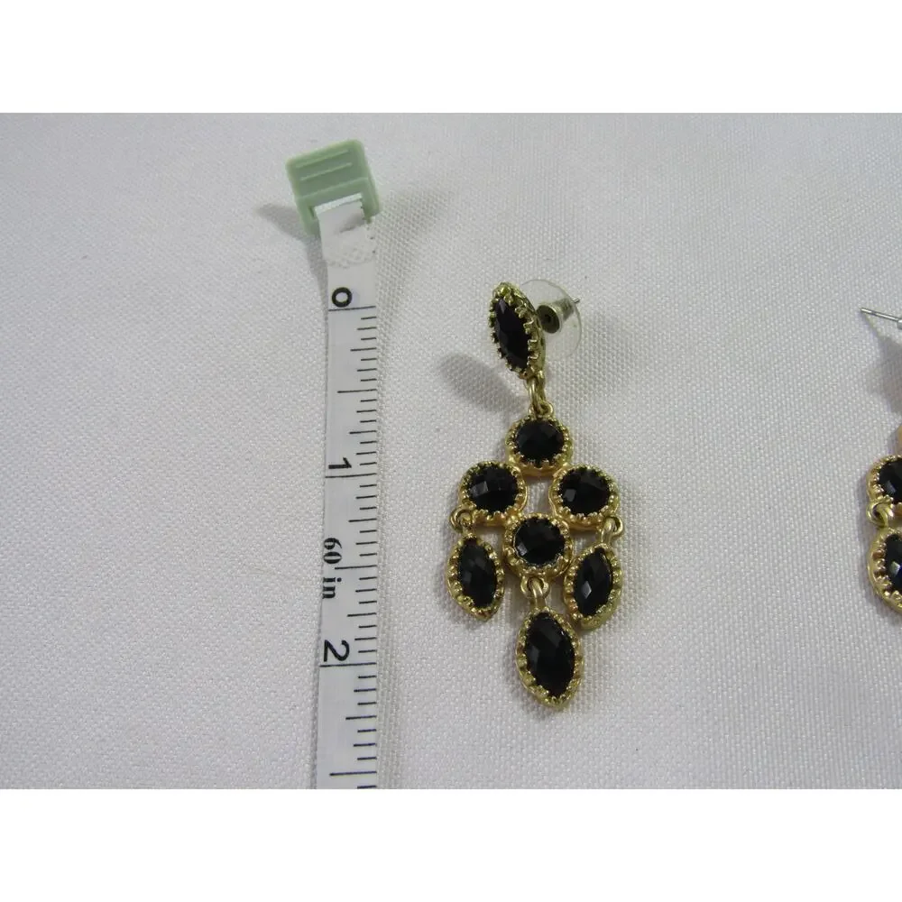 Black Bead Gold Tone Chandelier Dangly Earrings 2 1/4